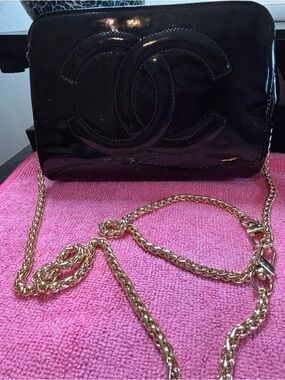 Authentic Vintage Chanel Black Patent Leather Pouch – WOC Conversion with Card